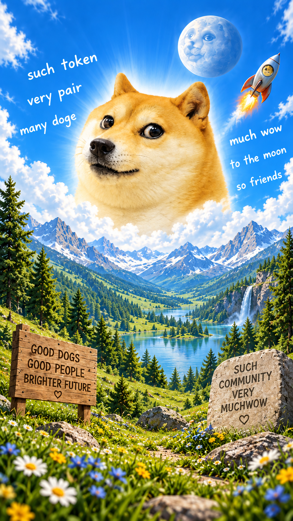 MUCHWOW doge in a mountain valley under a bright sky