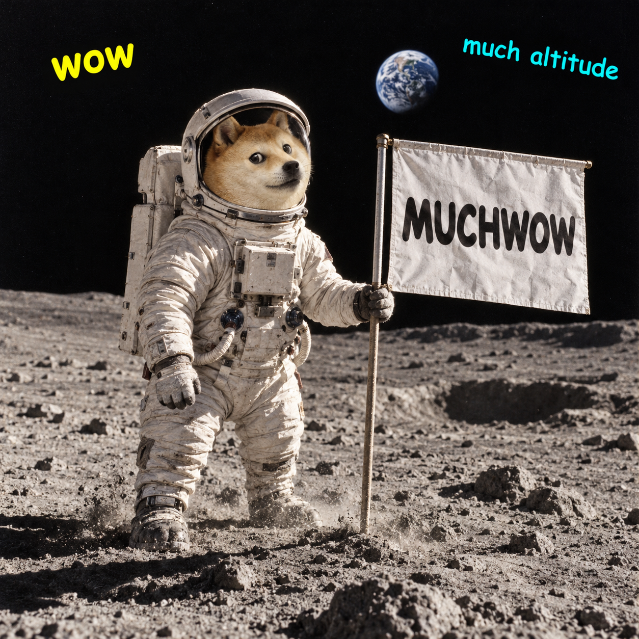 Doge astronaut planting a MUCHWOW flag on the moon