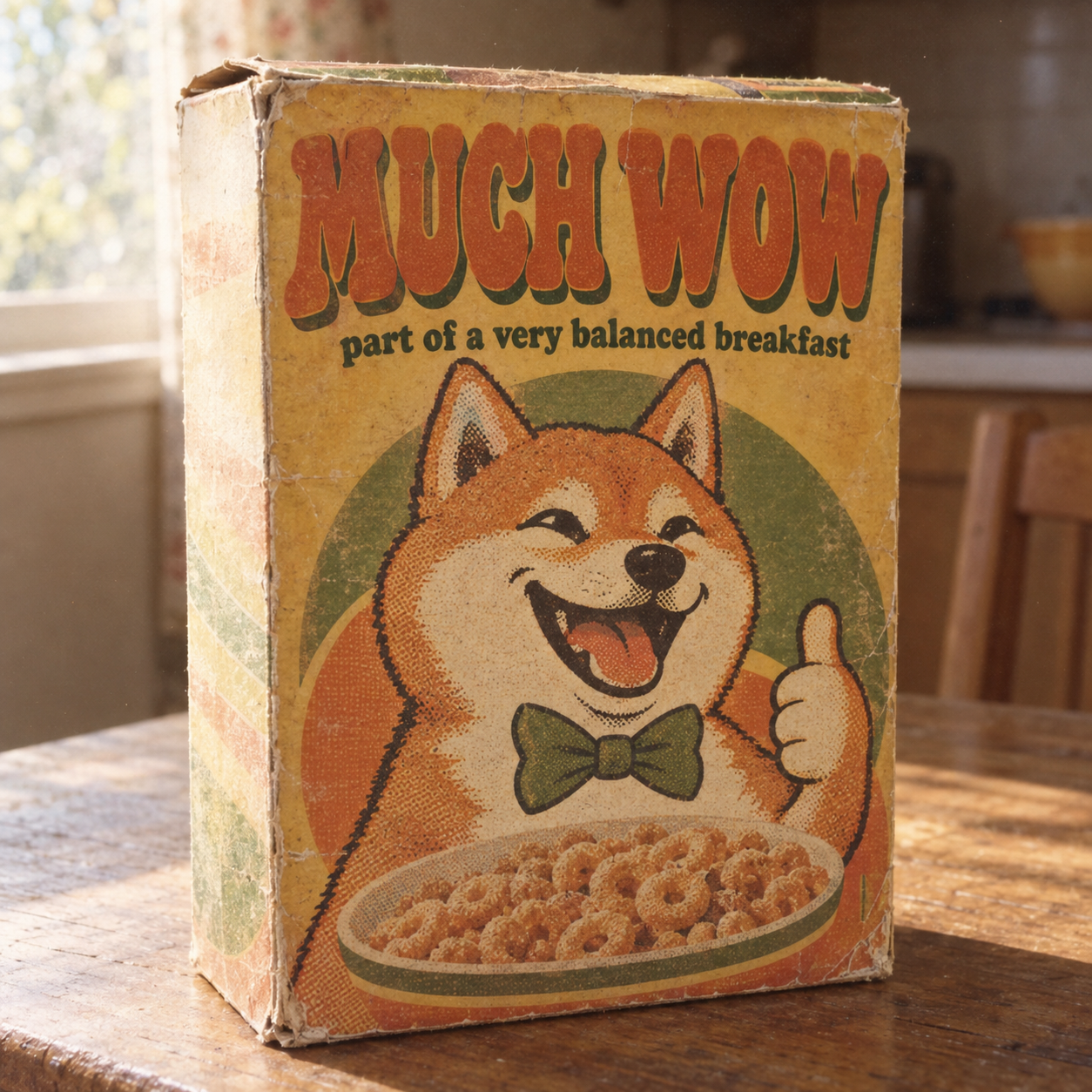 Retro MUCH WOW cereal box, part of a very balanced breakfast