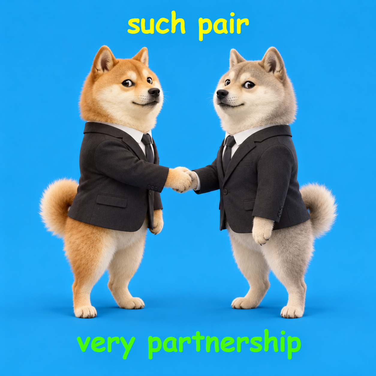 Two suited doges shaking hands: such pair, very partnership